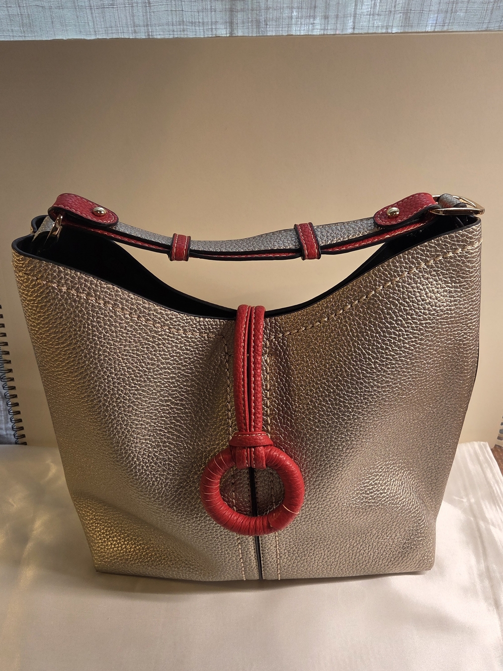 Metallic Gold Shoulder Tote with Red Trim